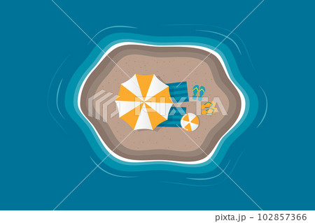 sunbathing on little deserted island surrounded by water towel umbrella and ball 102857366
