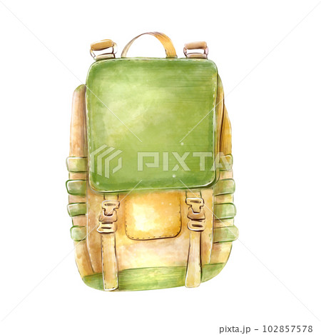 Tourist backpack watercolor on a white background, isolate. Green camping travel backpack with tourist mat in outdoor travel. Perfect for traveling, trip, hiking, nature, campsite elements Tourist backpack watercolor on a white background, isolate. Green camping travel backpack with tourist mat in outdoor travel. Perfect for traveling, trip, hiking, nature, campsite elements 102857578