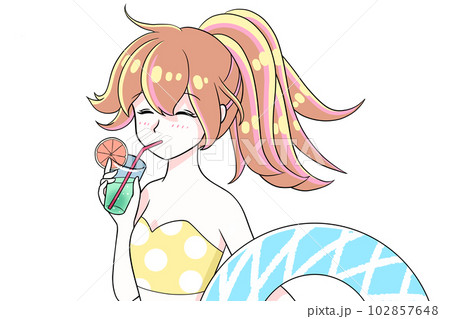 美味しそうにジュースを飲む女の子　イラスト　夏休み　プール　海水浴　笑顔　水着　手描き　透過素材 102857648