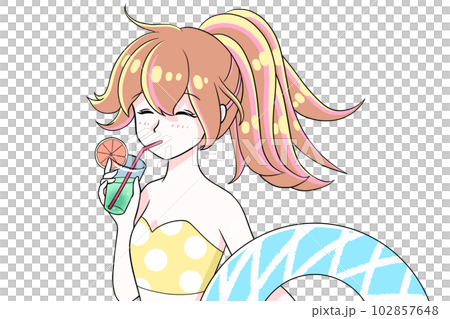 美味しそうにジュースを飲む女の子　イラスト　夏休み　プール　海水浴　笑顔　水着　手描き　透過素材 102857648