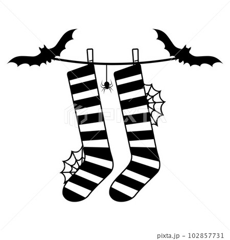 Striped stockings of a witch on a rope with bats, vector isolated illustration Striped stockings of a witch on a rope with bats, vector isolated illustration 102857731