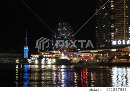 夜の神戸港に停泊するクルーズ船 夜の神戸港に停泊するクルーズ船 102857931