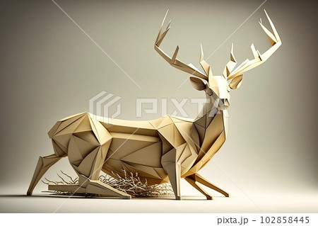 Image of paper origami art. Handmade paper deer. Wildlife. Animals. illustration, generative AI 102858445