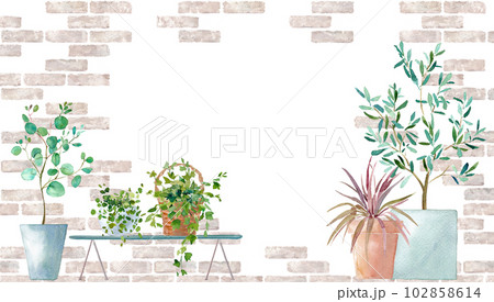 レンガ壁を背景にした色々な鉢植え植物の水彩イラスト。ナチュラルな