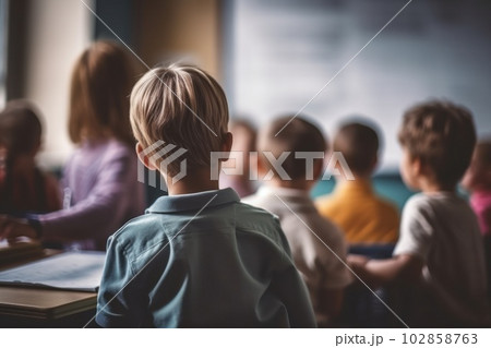 In the classroom, a group of school kids listening to teacher from the back. elementary school. generative ai In the classroom, a group of school kids listening to teacher from the back. elementary school. generative ai 102858763