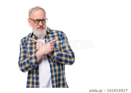 handsome elderly gray-haired retired man with mustache and beard with crossed arms 102858927