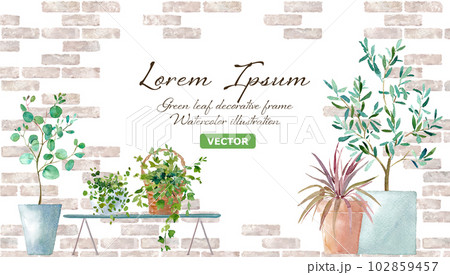 レンガ壁を背景にした色々な鉢植え植物の水彩イラスト。ナチュラルな