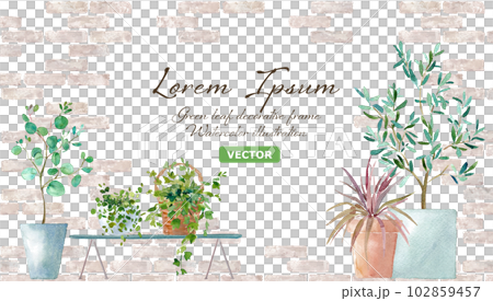 レンガ壁を背景にした色々な鉢植え植物の水彩イラスト。ナチュラルなフレームデザイン。ベクター 102859457