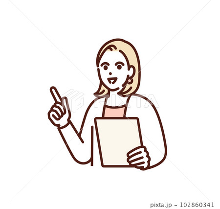 バインダー片手に解説する女性。アドバイスを出すビジネスパーソンのイラスト素材。 102860341