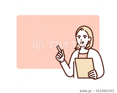 テキストスペースを指差しする女性。笑顔で宣伝する若いビジネスウーマンのイラスト素材。 102860343