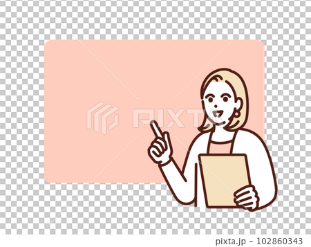 テキストスペースを指差しする女性。笑顔で宣伝する若いビジネスウーマンのイラスト素材。 102860343
