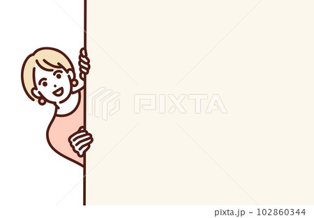 壁からひょっこりと顔を覗かせる女性。コピースペースのあるイラスト素材。 102860344