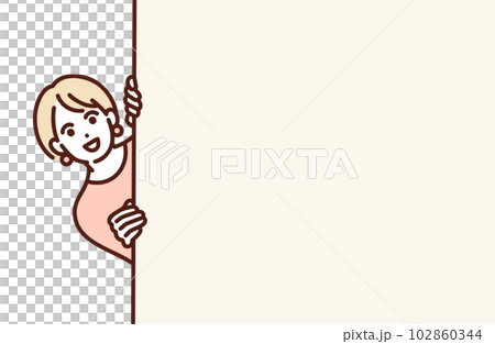 壁からひょっこりと顔を覗かせる女性。コピースペースのあるイラスト素材。 102860344