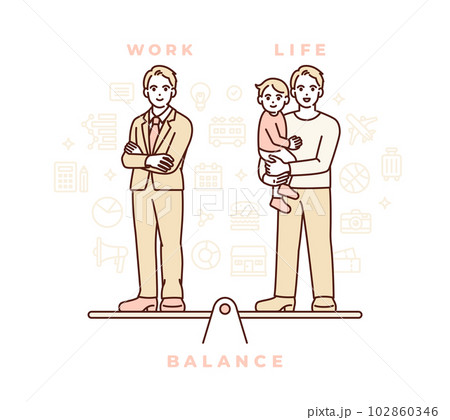 私生活が充実していて仕事のパフォーマンスも向上している男性のイラスト素材 102860346