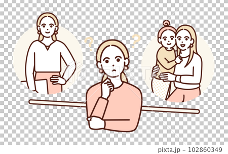 仕事と生活の調和について考える働くお母さんのイラスト素材。 仕事と生活の調和について考える働くお母さんのイラスト素材。 102860349