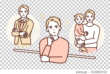 仕事と家庭のバランス、ワークライフバランスを考える男性のイラスト素材。 102860352