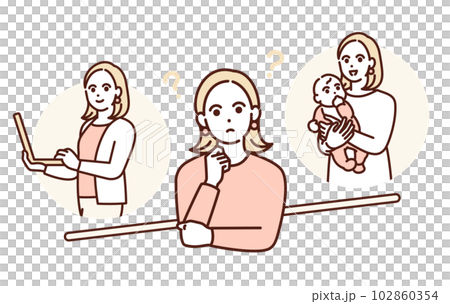多様な働き方や生き方が選択できる社会を目指して。仕事と家庭の両立を考える女性のイラスト素材。 102860354