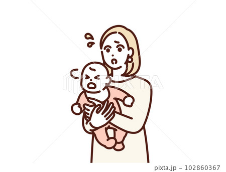 ぐずる赤ちゃんをあやしているお母さんのイラスト素材。 ぐずる赤ちゃんをあやしているお母さんのイラスト素材。 102860367