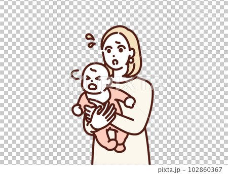 ぐずる赤ちゃんをあやしているお母さんのイラスト素材。 ぐずる赤ちゃんをあやしているお母さんのイラスト素材。 102860367