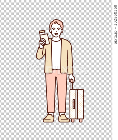 パスポートとキャリーケースを持つ男性。旅行に行くビジネスパーソンのイラスト素材。 102860369