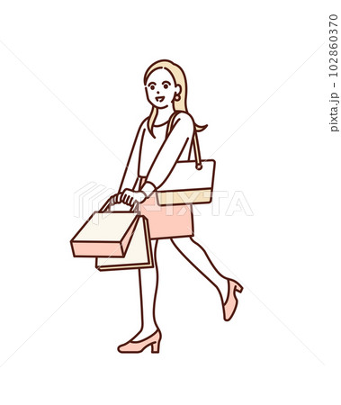 ショッパーを持つ女性。買い物を楽しむ女の子のイラスト素材。 102860370