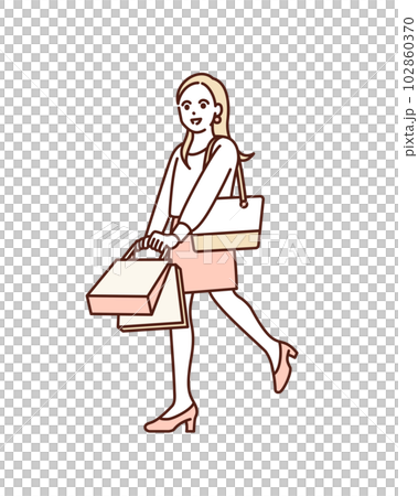 ショッパーを持つ女性。買い物を楽しむ女の子のイラスト素材。 102860370