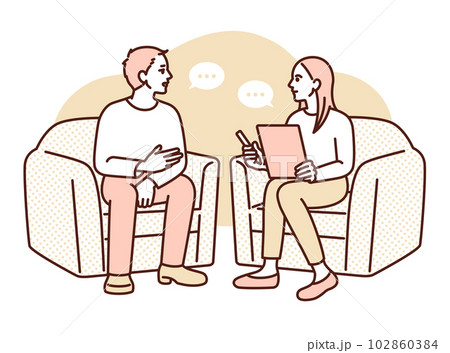 メンタル心理カウンセラーに悩みを打ち明けるビジネスパーソンのイラスト素材。 102860384
