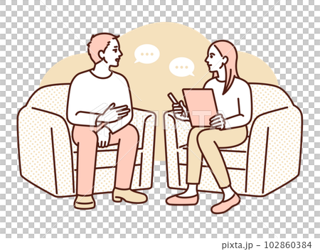 メンタル心理カウンセラーに悩みを打ち明けるビジネスパーソンのイラスト素材。 102860384