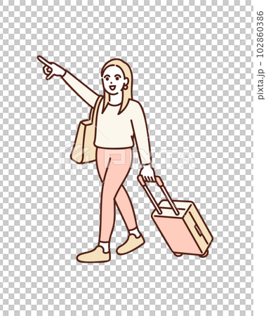 A girl who enjoys traveling. Illustration material of a woman pointing to the destination with one hand of a carry-back. 102860386