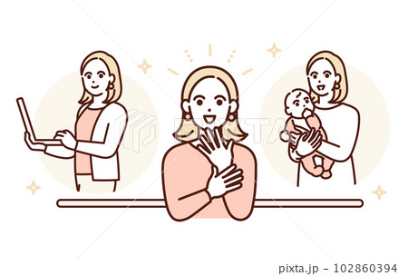 心身ともに健康で仕事もプライベートも充実している女性のイラスト素材。 心身ともに健康で仕事もプライベートも充実している女性のイラスト素材。 102860394