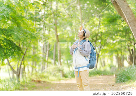 新緑の中でハイキングするシニア女性の写真 新緑の中でハイキングするシニア女性の写真 102860729