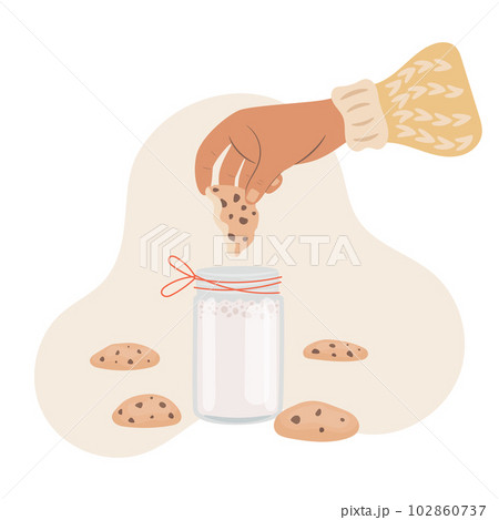 Woman hand dipping cookie in milk. Cookies with milk concept Woman hand dipping cookie in milk. Cookies with milk concept 102860737