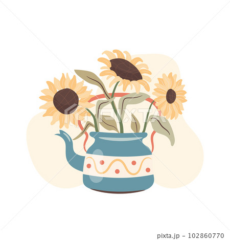 Autumn illustration with sunflowers in teapot. 102860770