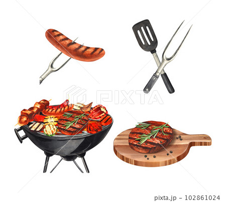 Watercolor barbecue elements set. Collection for cooking bbq - grill, vegetable on brazier, sausage on a fork, meat on the board. Hand-drawn illustration isolated on white background. Perfect for menu Watercolor barbecue elements set. Collection for cooking bbq - grill, vegetable on brazier, sausage on a fork, meat on the board. Hand-drawn illustration isolated on white background. Perfect for menu 102861024