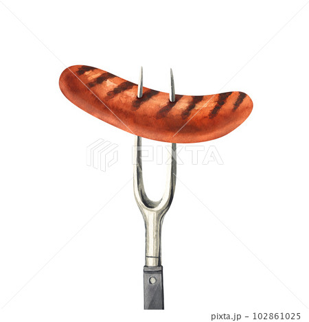 Watercolor barbecue sausage, prick with a fork. Hand-drawn illustration isolated on white background. Perfect concept for food, design packing, concept for cafe, restaurant element 102861025