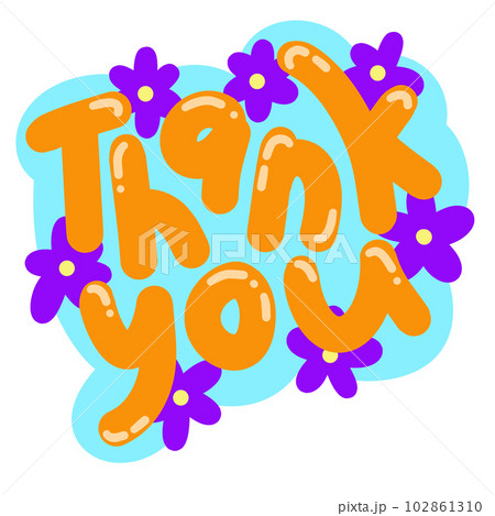 Hand drawn illustration sticker of thank you card. Thankful grateful orange blue icon symbol, gratitude design, colorful cartoon bright drawing sketch, flower floral background. 102861310