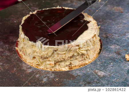 Esterhazy cake. Cake decoration. Chocolate glaze. Frosting decoration 102861422