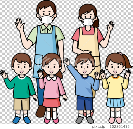 マスクをする幼稚園の先生・保育士と子供たち 102861453