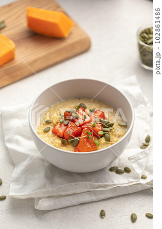Portion of millet porridge with baked pumpkin 102861486