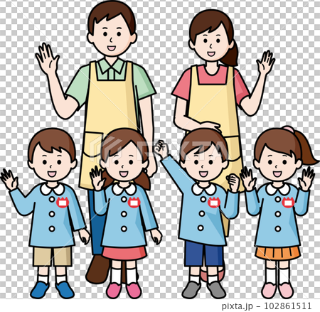 幼兒園老師、托兒所老師和穿制服的孩子 102861511