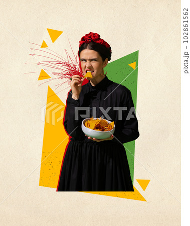 Contemporary art collage. Young woman with nachos in image of famous artist, painter Frida Kahlo over pastel background with colorful elements 102861562