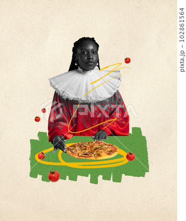 Contemporary art collage. African young woman in bright red vintage dress with big white collar eating delicious pizza 102861564