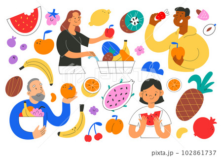 People and fruit collection, senior person buys fruit in grocery, children eating watermelon, young woman with shopping cart, flat vector illustrations 102861737