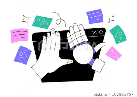 High five gesture, human hand giving five to a robot hand, artificial intelligence creating text, images, artworks for human, vector illustration 102861757