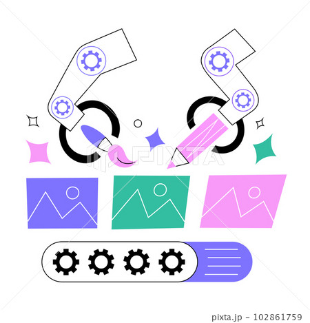 AI generating images, creating art on belt conveyor, robotic hands drawing, holding brush and pencil, deep learning concept, vector illustration AI generating images, creating art on belt conveyor, robotic hands drawing, holding brush and pencil, deep learning concept, vector illustration 102861759