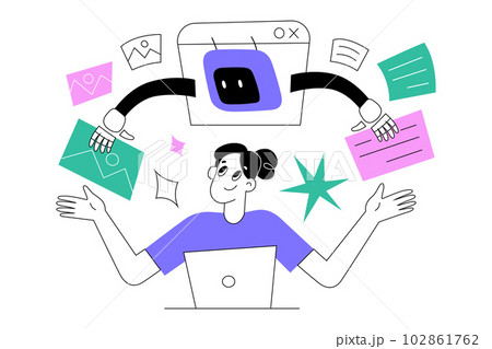 Ai generates an image for human, person types a prompt for Artificial intelligence bot to generate artwork, vector illustration 102861762