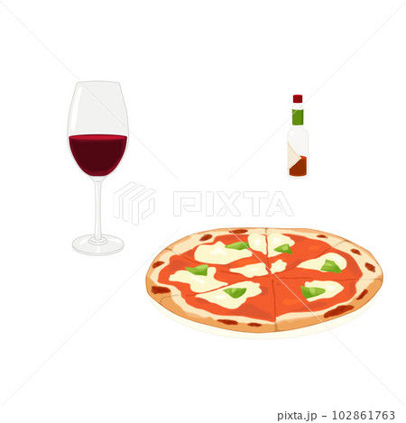 ピザとワインとタバスコのイラストセット（手描き） 102861763