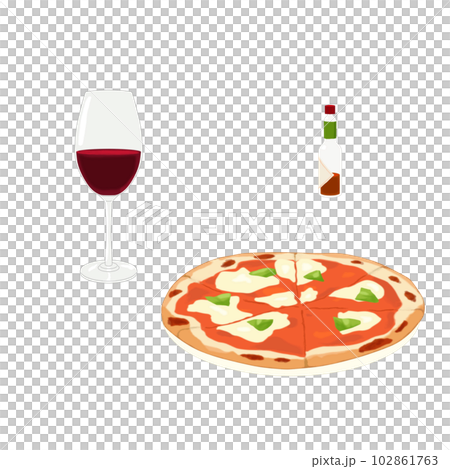 ピザとワインとタバスコのイラストセット（手描き） 102861763