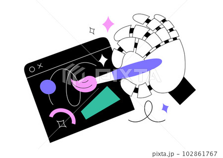 Robot hand drawing an artwork in window, holding a brush. Artificial intelligence creating art, Ai generating, vector illustration 102861767