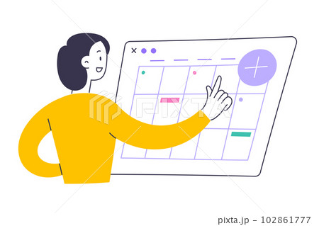 Woman manages her plans and tasks in online calendar application, Weekly scheduling app, digital personal organizer, flat vector illustration Woman manages her plans and tasks in online calendar application, Weekly scheduling app, digital personal organizer, flat vector illustration 102861777